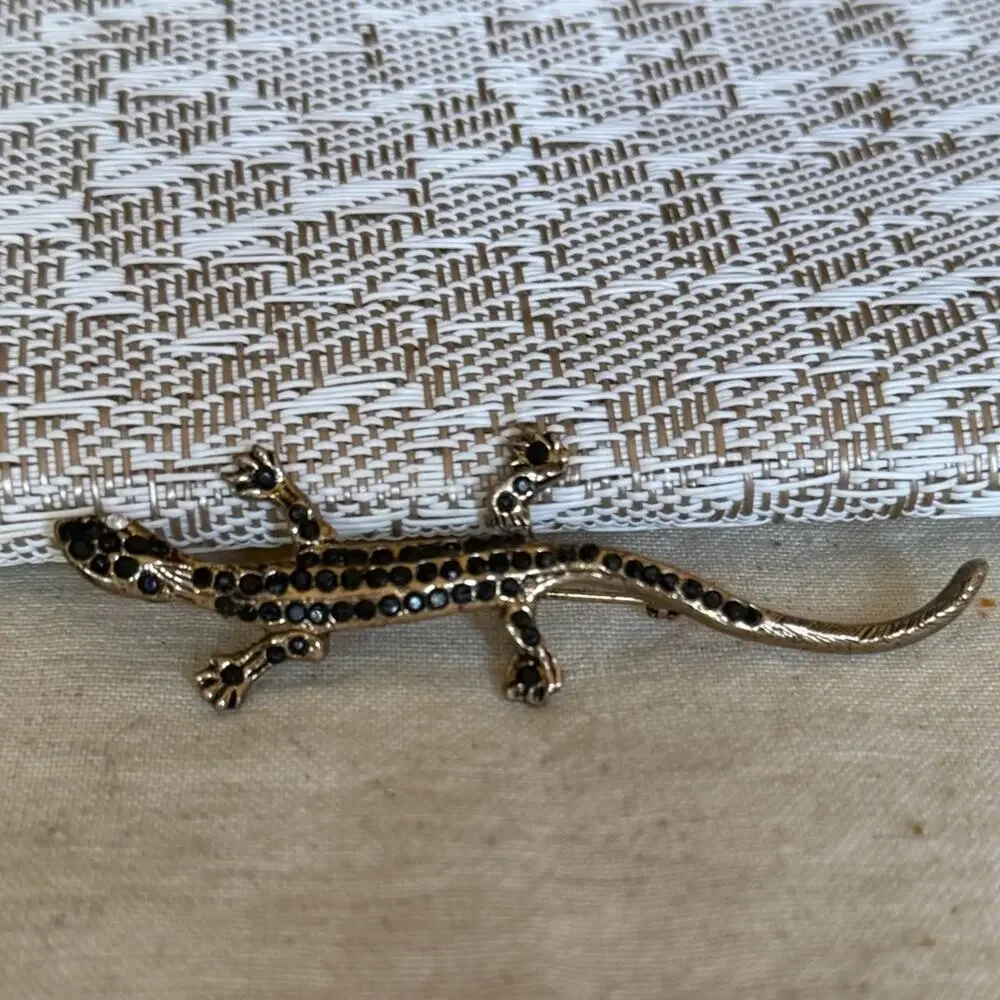 vintage Gold and Black rhinestone Lizard Brooch